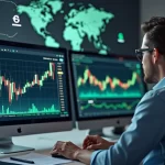 Investidor analisando gráficos de taxas cambiais e moedas estrangeiras em tela de computador