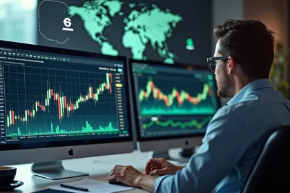 Investidor analisando gráficos de taxas cambiais e moedas estrangeiras em tela de computador