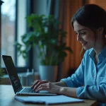 Pessoa sentada à mesa analisando gráficos financeiros num laptop e papéis com expressões concentradas