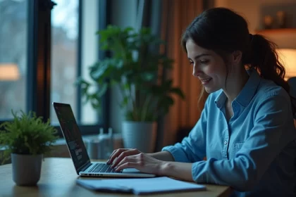 Pessoa sentada à mesa analisando gráficos financeiros num laptop e papéis com expressões concentradas