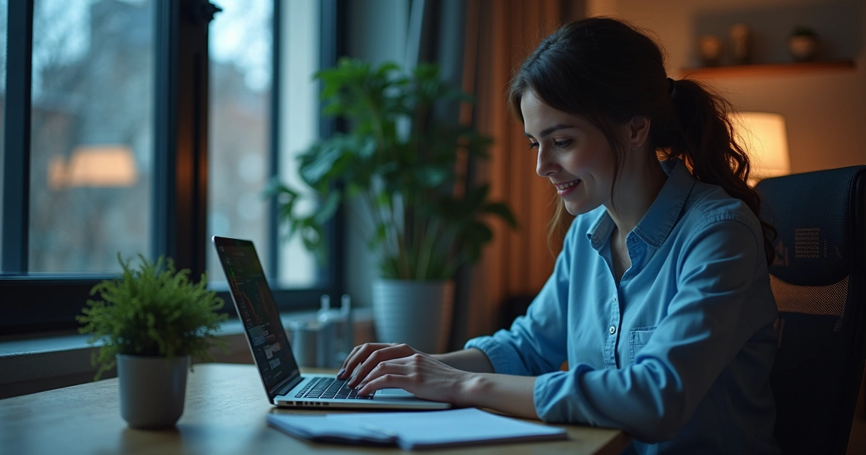 Pessoa sentada à mesa analisando gráficos financeiros num laptop e papéis com expressões concentradas