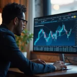 Investidor analisando gráficos financeiros no laptop enquanto reinveste dividendos num ambiente de escritório elegante com luz natural