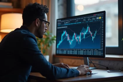 Investidor analisando gráficos financeiros no laptop enquanto reinveste dividendos num ambiente de escritório elegante com luz natural