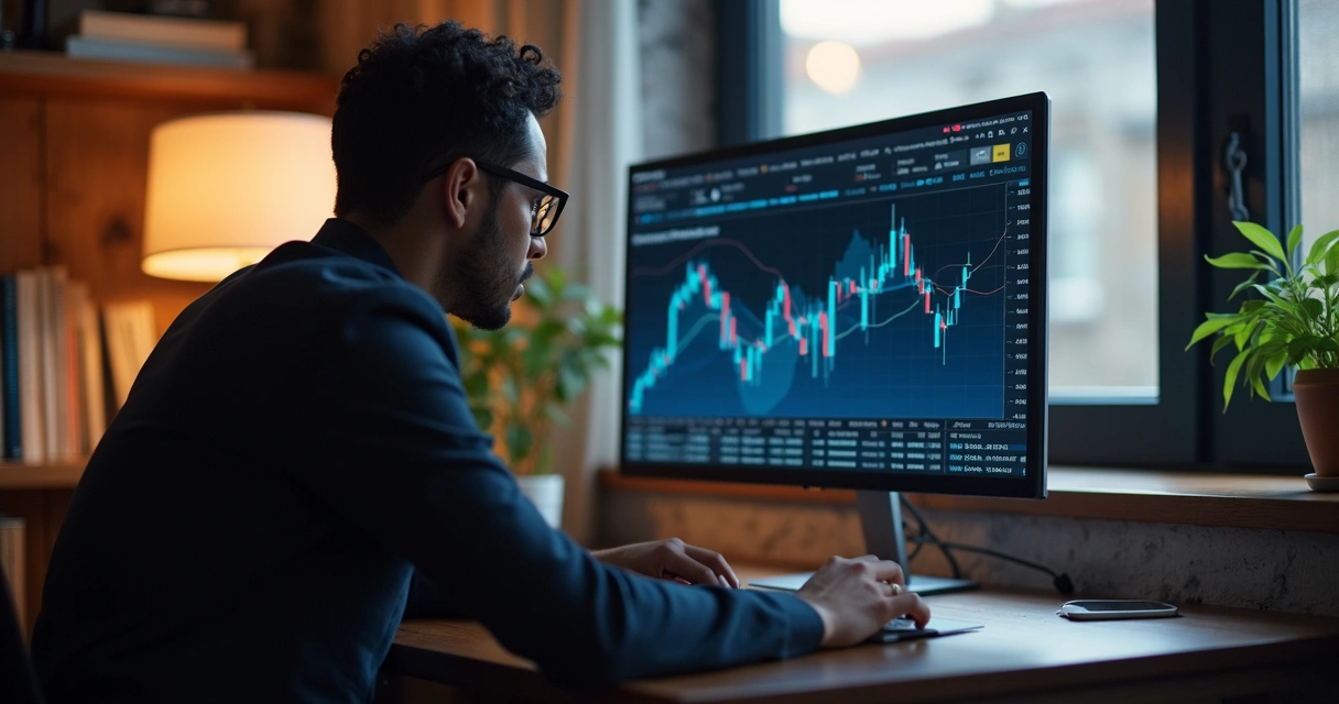 Investidor analisando gráficos financeiros no laptop enquanto reinveste dividendos num ambiente de escritório elegante com luz natural