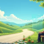 Homem mais velho sentado em um banco, refletindo sobre investimento a longo prazo em um gráfico holográfico.