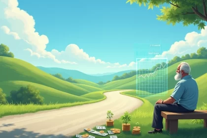 Homem mais velho sentado em um banco, refletindo sobre investimento a longo prazo em um gráfico holográfico.