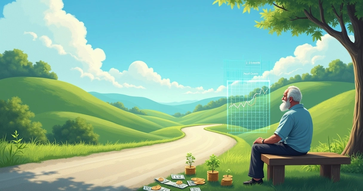 Homem mais velho sentado em um banco, refletindo sobre investimento a longo prazo em um gráfico holográfico.