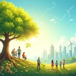 Ilustração de investimentos sustentáveis com árvore florescente, cidade futurista e grupo diverso de pessoas.