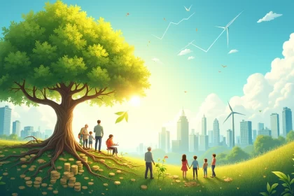Ilustração de investimentos sustentáveis com árvore florescente, cidade futurista e grupo diverso de pessoas.