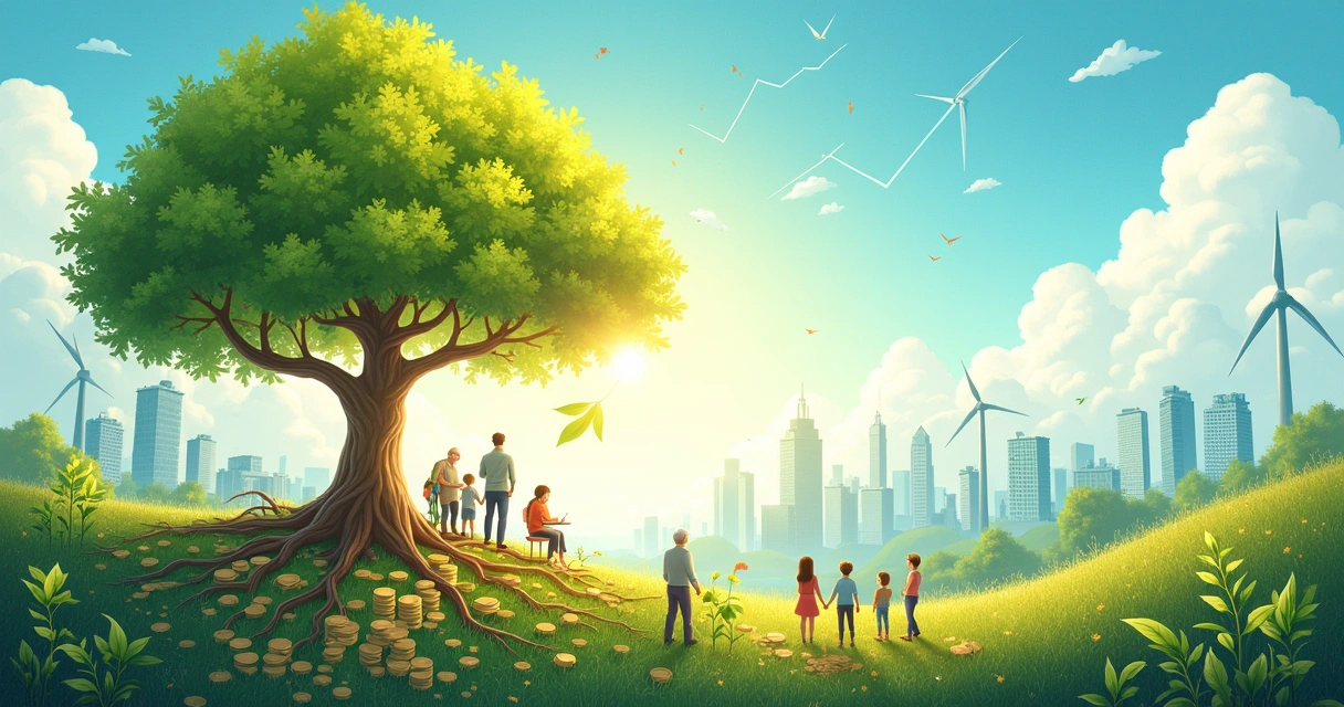 Ilustração de investimentos sustentáveis com árvore florescente, cidade futurista e grupo diverso de pessoas.