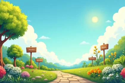 Ilustração de um jardim, com plantas representando diferentes classes de ativos financeiros.