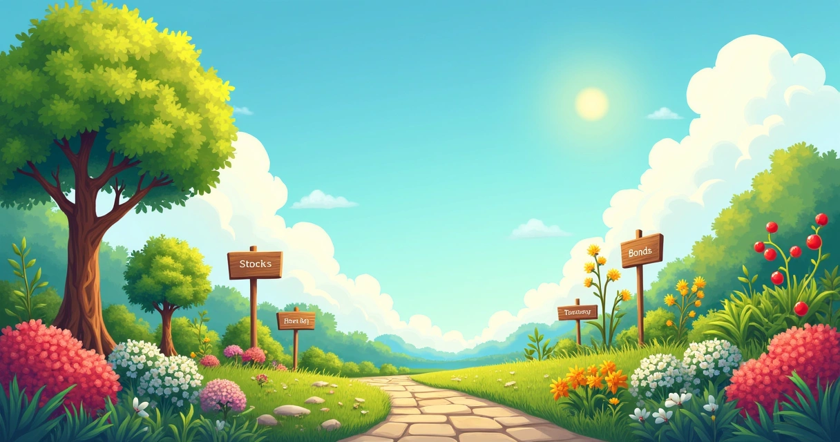 Ilustração de um jardim, com plantas representando diferentes classes de ativos financeiros.
