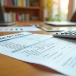 Documento de letras de crédito sobre mesa de madeira com calculadora e caneta ao lado