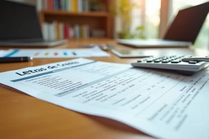 Documento de letras de crédito sobre mesa de madeira com calculadora e caneta ao lado