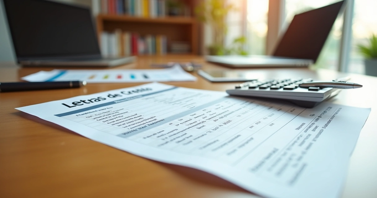 Documento de letras de crédito sobre mesa de madeira com calculadora e caneta ao lado