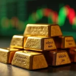 Lingotes de ouro brilhando sobre superfície escura com gráficos financeiros desfocados ao fundo
