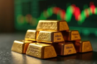 Lingotes de ouro brilhando sobre superfície escura com gráficos financeiros desfocados ao fundo