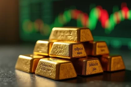 Lingotes de ouro brilhando sobre superfície escura com gráficos financeiros desfocados ao fundo