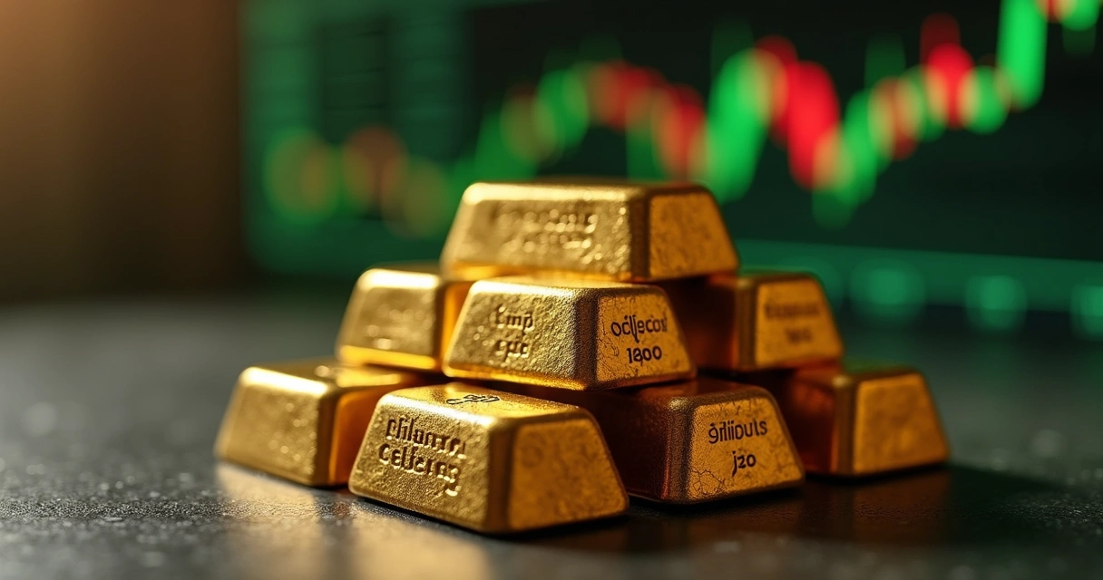 Lingotes de ouro brilhando sobre superfície escura com gráficos financeiros desfocados ao fundo