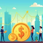 Ilustração de uma cena do mercado de ações com um fundo vibrante e pessoas discutindo estratégias de investimento.