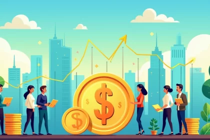 Ilustração de uma cena do mercado de ações com um fundo vibrante e pessoas discutindo estratégias de investimento.