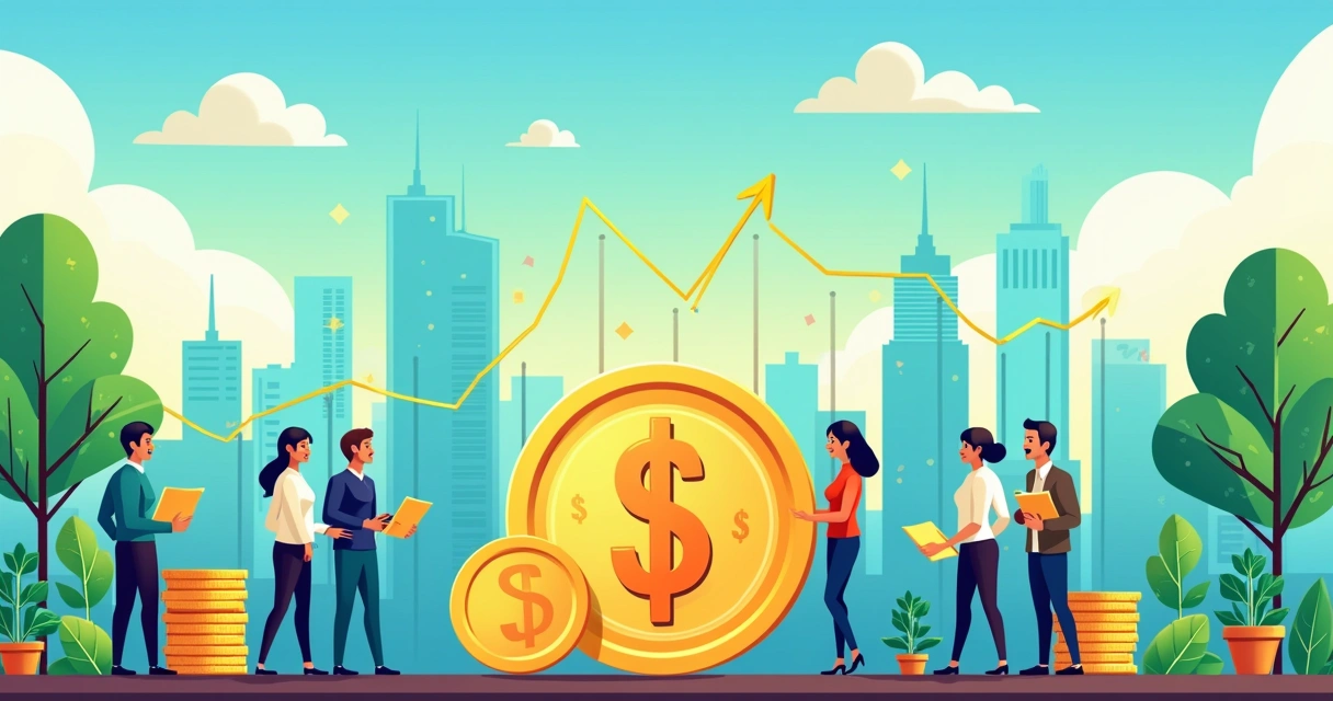 Ilustração de uma cena do mercado de ações com um fundo vibrante e pessoas discutindo estratégias de investimento.