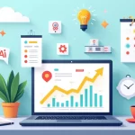 Mesa de trabalho moderna com laptop exibindo gráficos, celular mostrando notificações e calendário vibrante.