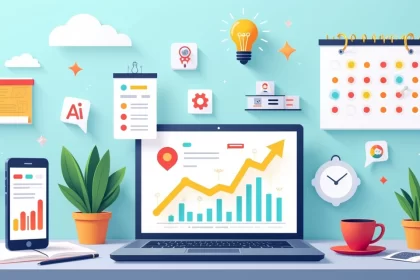 Mesa de trabalho moderna com laptop exibindo gráficos, celular mostrando notificações e calendário vibrante.