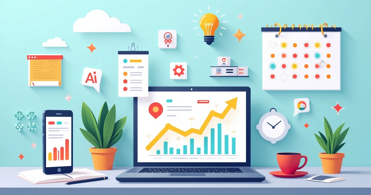 Mesa de trabalho moderna com laptop exibindo gráficos, celular mostrando notificações e calendário vibrante.
