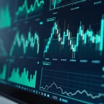 Tela de computador exibindo gráficos financeiros detalhados com índices, números e tendências em cores azul e verde