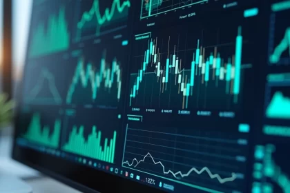 Tela de computador exibindo gráficos financeiros detalhados com índices, números e tendências em cores azul e verde