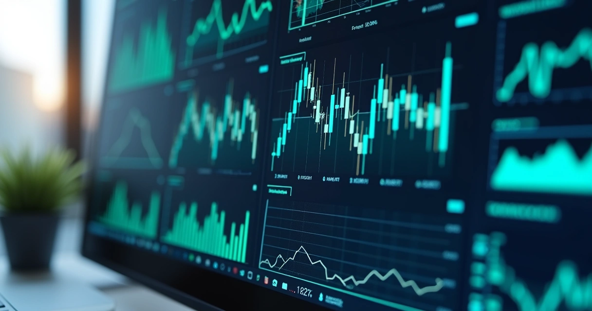 Tela de computador exibindo gráficos financeiros detalhados com índices, números e tendências em cores azul e verde