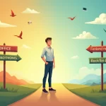 Indivíduo em um cruzamento, considerando mudança de carreira, com sinalizações de caminhos diferentes.