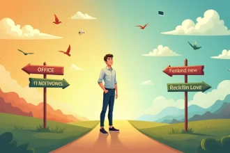 Indivíduo em um cruzamento, considerando mudança de carreira, com sinalizações de caminhos diferentes.