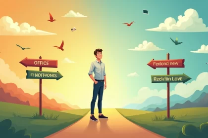 Indivíduo em um cruzamento, considerando mudança de carreira, com sinalizações de caminhos diferentes.