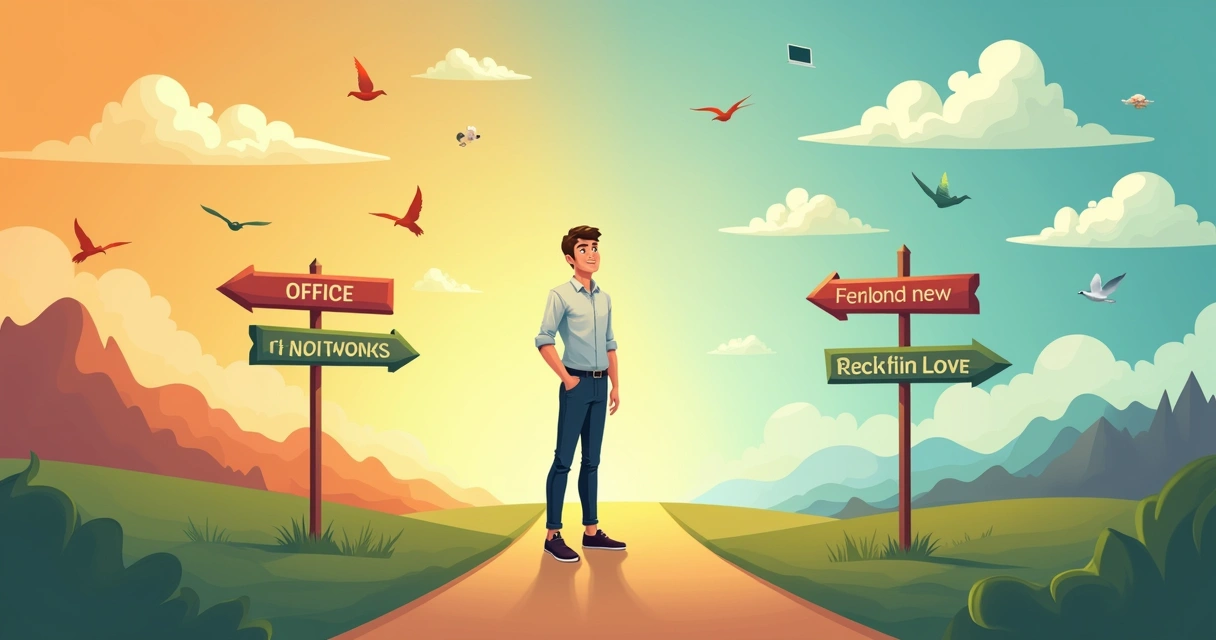 Indivíduo em um cruzamento, considerando mudança de carreira, com sinalizações de caminhos diferentes.