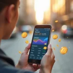 Mulher segurando smartphone com aplicativo de microinvestimentos aberto, gráficos e moedas digitais ao redor