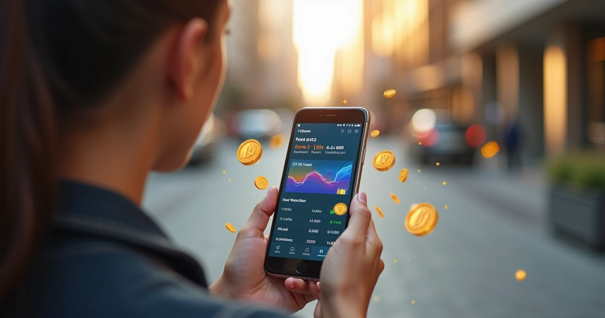 Mulher segurando smartphone com aplicativo de microinvestimentos aberto, gráficos e moedas digitais ao redor