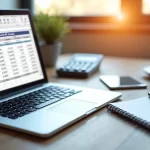 Pessoa organizando uma planilha financeira com anotações de reserva de emergência em uma mesa de trabalho com laptop e caderno aberto