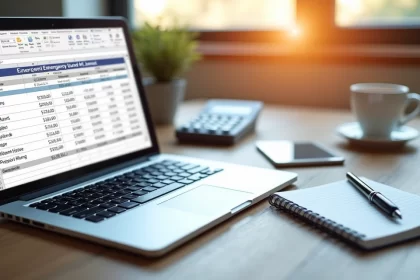 Pessoa organizando uma planilha financeira com anotações de reserva de emergência em uma mesa de trabalho com laptop e caderno aberto