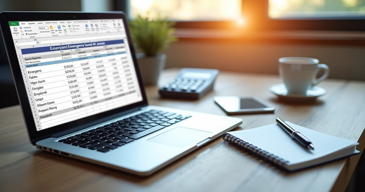 Pessoa organizando uma planilha financeira com anotações de reserva de emergência em uma mesa de trabalho com laptop e caderno aberto