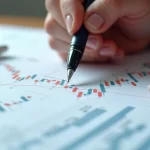 Mãos usando uma caneta sobre papéis com gráficos financeiros detalhados em mesa de madeira