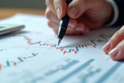 Mãos usando uma caneta sobre papéis com gráficos financeiros detalhados em mesa de madeira