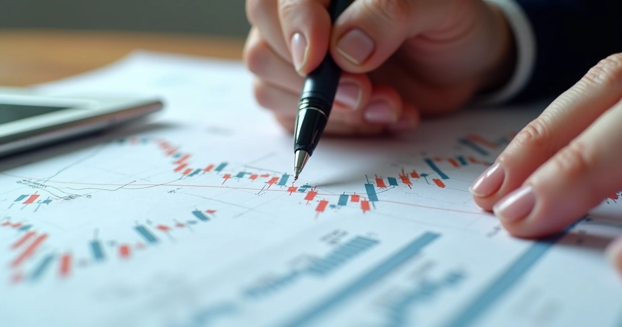 Mãos usando uma caneta sobre papéis com gráficos financeiros detalhados em mesa de madeira