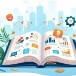 Ilustração detalhada de planejamento estratégico com um caderno aberto, gráficos e ícones de criatividade.