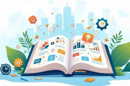 Ilustração detalhada de planejamento estratégico com um caderno aberto, gráficos e ícones de criatividade.