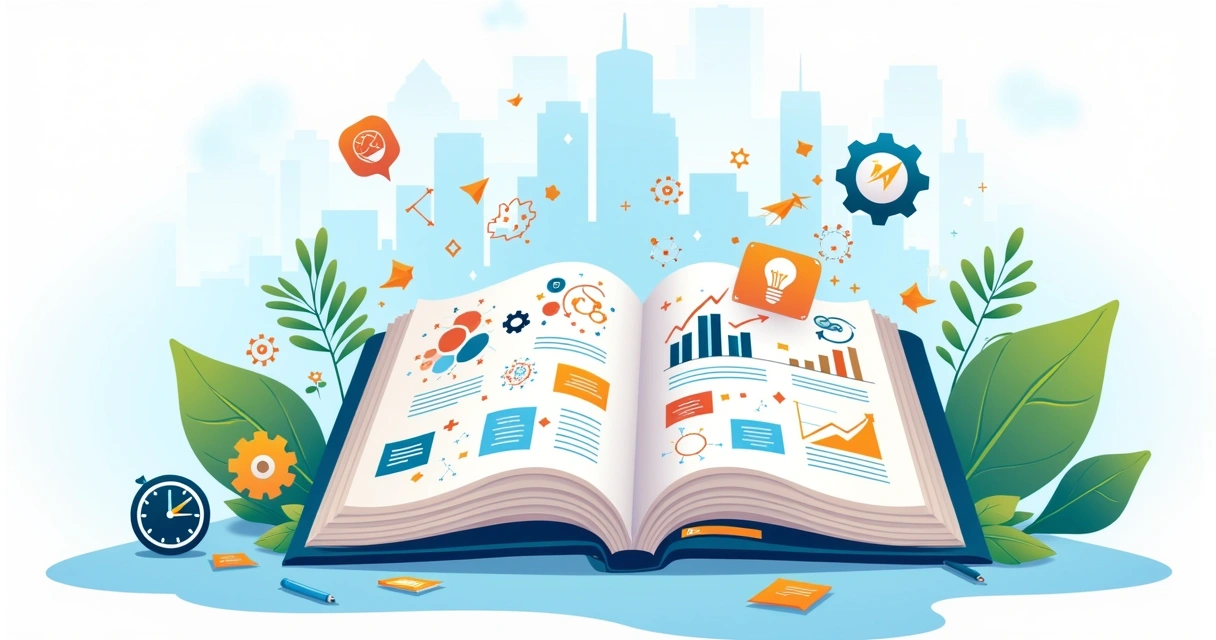 Ilustração detalhada de planejamento estratégico com um caderno aberto, gráficos e ícones de criatividade.