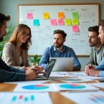 Reunião de profissionais em planejamento estratégico, com papéis, gráficos e branco no fundo.