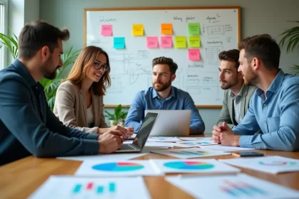 Reunião de profissionais em planejamento estratégico, com papéis, gráficos e branco no fundo.