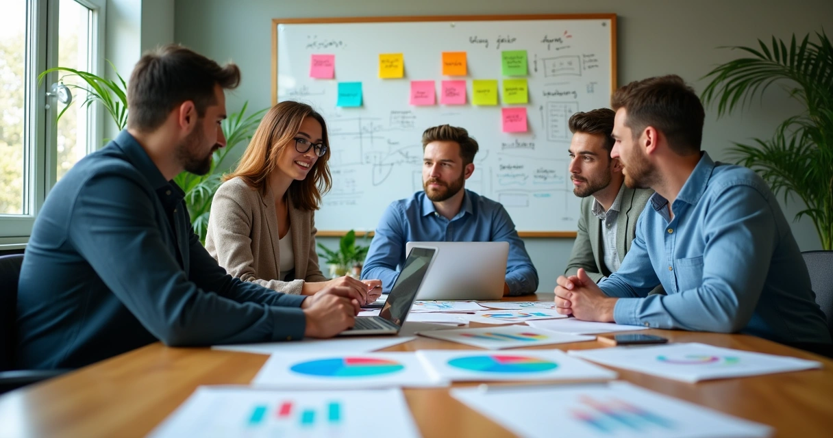 Reunião de profissionais em planejamento estratégico, com papéis, gráficos e branco no fundo.